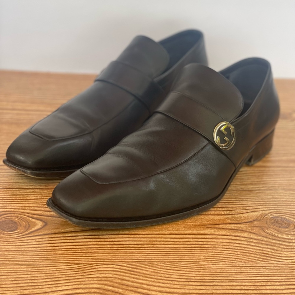 Gucci black leather men’s Broadwick shoe, silver Gucci design 12 D authentic
